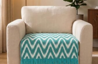 Saral Home VW Sofa Cover for 1 Seater Sofa | Cotton Chevron Zig-Zag Weave Couch Protector with Fringe Design | Soft, Breathable & Skid-Resistant Furniture Cover | Teal | 70 x 70 cm (1 Pc)