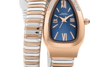 French Connection Eternelle Curve | Blue Dial with Rose Gold Case | Flexible Wrap Bracelet Strap | Crystal Accent Design | Roman Numerals Analog Watch for Women – FCN0142URTM