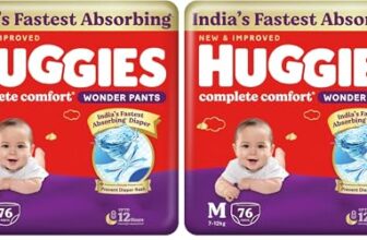Huggies Complete Comfort Wonder Pants | Pant Style Baby Diapers Medium Size (M), 76 Count | India’s Fastest Absorbing Diaper, Prevents Diaper Rash, Ideal for 7 to 12 Kgs (Pack of 2)