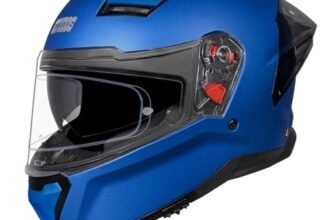 STUDDS Helios ISI and DOT Certified Full Face Helmet with Antifog 100 Lens, Sporty Spoiler (MATT Blue – M)