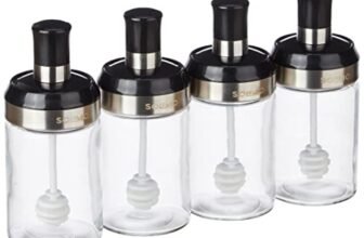 Amazon Brand – Solimo Borosilicate Glass Sauce Jar with Dipper, Set of 4 (250 Ml Each),Black