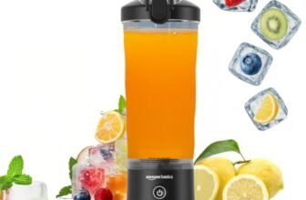 Amazon Basics Portable Hand Blender for Smoothies and Juices | USB Rechargeable | 6 Stainless Steel Blades | 600 ml Food Grade Jar | 1 Year Warranty | 2×2000 mAh Batteries (Black)