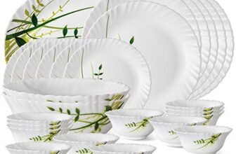 Larah by Borosil Fluted Series Green Herbs Opalware Dinner Set | 27 Piece for Family of 6 | Microwave & Dishwasher Safe | Bone-Ash Free | Crockery Set for Dining & Gifting | Plates & Bowls | White