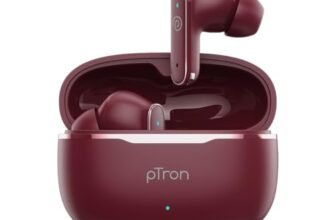 pTron Bassbuds Eon in-Ear TWS Earbuds w/ 13mm Drivers, 45Hrs Playtime, Dual HD Mic & TruTalk AI-ENC Calls, Custom EQ,Mobile App, Bluetooth v6.0 Headphones,Voice Assist., Type C Charging & IPX5(Maroon)