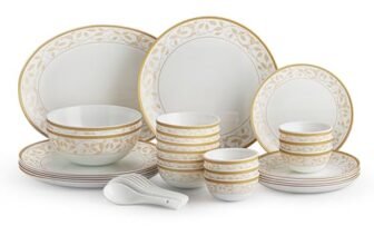 CELLO Royal Amber Gold Divine Series Opalware Dinner Set of 33 Pieces for Family of 6 | Bone-Ash Free & Leadfree Opal Glass Microwave & Dishwasher Safe Crockery Plate Bowl Set for Daily Use & Gifting
