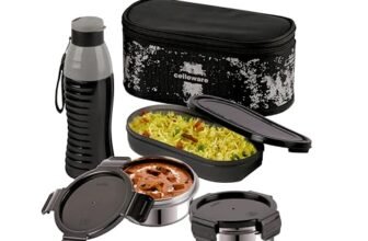 CELLO Gemini Lunch Box Gift Set of 3 Pieces with Bag for Office Use Black | 300ml x 2 Steel Round Containers, 500ml x 1 Oval Container with 600 ml Water Bottle, Leak Proof Tiffin Set for School Travel
