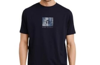 RARE RABBIT Men’s Ack Navy Logo Print Regular Fit Half Sleeve Crew Neck T-Shirt