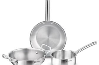 Bergner TriPro 3 Pcs Tri-Ply Stainless Steel Induction Bottom Cookware Set – 22cm (2L) Kadai and 22cm (1L) Frypan, 14cm (1.1L) Teapan, Less Oil Use, Easy to Clean – Induction and Gas Stove Ready