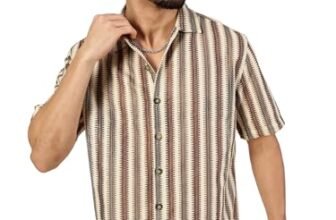 Thomas Scott Mens Slim Fit Half Sleeves Striped Knitted Casual Shirt (TS1610_Brown, M)