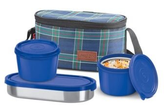 MILTON Decker Lunch Box with Insulated Fabric Jacket, 2 Inner Stainless Steel Containers 450 ml Each & 1 Oval Stainless Steel 450 ml, Microwave Safe, Leak-Proof Tiffin for Office, Easy to Carry, Blue