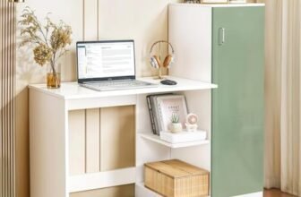 ABOUT SPACE Study Table with Cabinet – Computer Table with Bottom Storage Space DIY Engineered Wood Office Desk with Adjustable Shelves for PC Laptop Gaming (White, Green-L 124 x B 44 x H 121.5 cm)