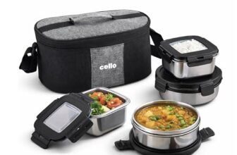 CELLO Duet Set of 4 Pcs Stainless Steel Lunch Box with Bag for Office Use, Black | 2 x 400ml Round, 2 x 400ml Square Steel Containers with Fork & Spoon, Leak Proof Airtight Steel Tiffin Box for Travel