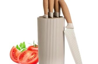 Hddify Chef Knife with Leather Sheath, Full Tang Kitchen Knife with Ergonomic Wooden Handle, Multipurpose Stainless Steel Blade for Cutting Meat, Vegetables, Fruits (6 Piece Kitchen Knife Set)