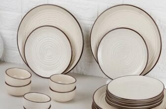 The Earth Store Spiral White Ceramic Dinner Set of 18 Pieces Serving for 6, Microwave and Dishwasher Safe Plates & Bowls for Dining, Bone-Ash Free Crockery Set for Dining and Gifting