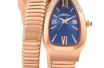French Connection Eternelle Curve | Blue Dial with Rose Gold Case | Flexible Wrap Bracelet Strap | Crystal Accent Design | Roman Numerals Analog Watch for Women – FCN0142URGM