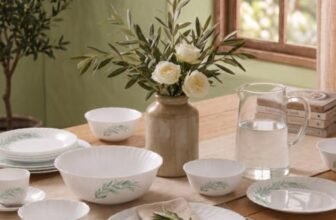 La Opala Classique Opalware Dinner Set, 53 Pcs, Family of 8, Olive Trails