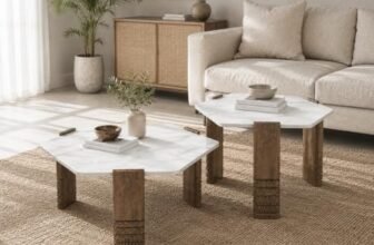 The Attic Marvo Coffee Table Set of 2 for Living Room, Hexa Shape, Wooden Carved Legs, White Marble and Natural Wood