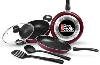 Milton Pro Cook Induction Cookware & Gas Stove Friendly Kitchen Jewel Set | 5 Pc Non-Stick Cookware Set | Kadhai with Lid, Fry Pan, Tawa, Laddle & Spatula | Durable 5-Layer Non Stick Coating | Peach