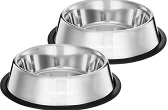 Amazon Basics Stainless Steel Pet Feeding Bowls for Dogs and Cats | Set of 2 | 700 ml Each | Dry Kibble, Wet Food, Water Bowl | No-Tip, Non Sliding Design | Dishwasher Safe