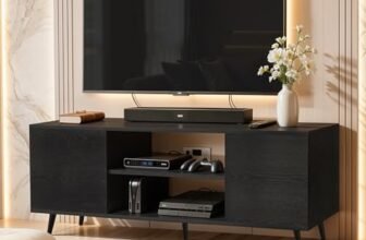 ABOUT SPACE TV Unit – Engineered Wooden TV Stand Table with Bottom Open Storage, Adjustable Shelves & 2 Closed Cabinets for Set Top Box WiFi Router Stand (Black Mahogany – L 136 x B 40.5 x H 53 cm)