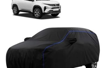 Sulfar 100% Water Resistant Car Body Cover Compatible with Mirror for Tata Curvv (Triple Stitched, Full Bottom Elastic, Black Tafetta with Blue Piping)