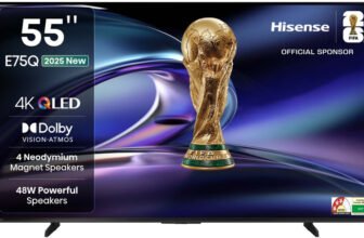 Hisense 55E75Q 139 cm (55 inch) QLED Ultra HD (4K) Smart VIDAA TV with 4 Speakers 48W Powerful Speakers| Dolby Vision Atmos| Cricket Mode(55E75Q)