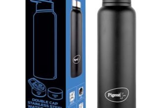 Pigeon Plastic, Stainless Steel Inox Hydra Duo, Dual Cap, Flipper And Fridge In One Bottle, Easy To Use, Multipurpose All In One Bottle 900Ml, Black