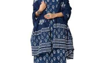 Libas Womens Printed Cotton Straight Kurta with Trousers and Dupatta