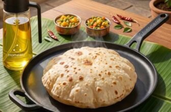 HomeWiz Cast Iron Roti Tawa 28 cm | Free Oil Dispenser 500ml | Pre-Seasoned Iron Tawa with Long Handle for Roti, Chapati, Chillas & Paratha | Naturally Non-Stick | Induction & Gas Compatible