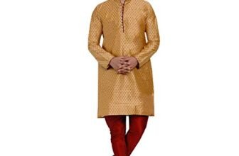 Veera Paridhaan Men’s Ethnic Jacquard Full Sleeve Printed Long Kurta Set(Golden Kurta, Maroon Pajama, Size-46)