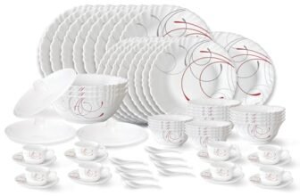 Larah by Borosil Boro Fluted Series Opalware Dinner Set | 63 Pieces for Family of 8 | Microwave & Dishwasher Safe | Bone-Ash Free | Crockery Set for Dining & Gifting | Plates & Bowls | White