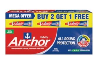 Anchor All Round Protection White Toothpaste 450g (150g x 3) | CALFLO Calcium & Fluoride Formula for Strong Teeth & Healthy Gums | Cavity, Plaque & Germ Protection | Family Saver Pack with Free Premium Toothbrush