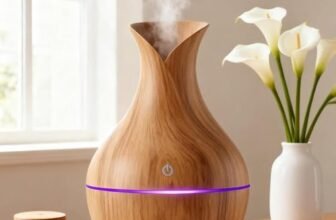 Aroma Diffuser with Wooden Finish, Ultrasonic Essential Oil Diffuser & Humidifier, LED Night Light, Quiet Air Freshener for Home Bedroom Office Spa (Light)
