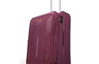Aristocrat Skyway Medium Size Softshell Check in Luggage (69 Cm) | Spacious Polyester Inline Trolley Bag with 4 Wheels and Combination Lock | Dazzling Maroon | Unisex| 3 Years Warranty