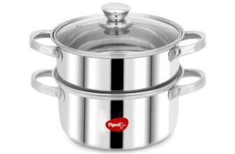 Pigeon By Stovekraft Steel X Steamer Stainless Steel Induction Base, Modak Maker/Momo Maker, Dual Compartment With Glass Lid, 4.6L Capacity, Silver, 4.6 litres