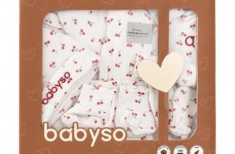 BABYSO Premium 7-Piece Newborn Gift Set, 100% Cotton Baby Clothing Essentials, Shirt, Shorts, Cap, Mittens, Booties, Napkin, Perfect Box, 0-6 Months (Cherry Print)