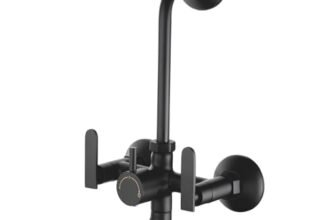 NEW WARE® Matte Black Wall Mounted Bathroom Faucet | Hot & Cold Water Mixer Tap with Double Cross Handles, Multi-Flow Spout, Wall Flange & Heavy Duty Brass Body for Bathroom Wash Basin | Modern Home