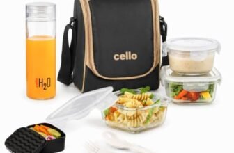 CELLO All in One Glass Lunch Box for Office Use, Black | 2 x 320ml Square, 1 x 240ml Round, 130ml Oval Containers, Spoon & Fork with 550ml Water Bottle Leak Proof Glass Tiffin Box Set for Travel