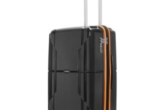 Provogue Lumina Hard-Sided PP 65 Cm Trolley Bags for Travel Medium Size | Expandable Luggage Suitcase with 8 Wheels | Combination Lock | 5 Year Warranty (Midnight Black/Fire Orange)