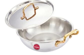 Amazon Brand – Solimo Premium Triply Stainless Steel Kadhai 26cm (3.2L) | SS Lid | Even Heating | Gas & Induction Compatible | Dishwasher Safe | Food Safe SS 304 | Elegant Golden Handles | BIS Certified