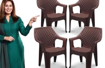 MAHARAJA Plastic Chair Set, Chair for Living Room, Home, Plastic Chair for Home with Arm Rest/Modern Stylish Design with Glossy & Matte Finish Bearing Capacity 200Kg. (Brown, Pack of 4)