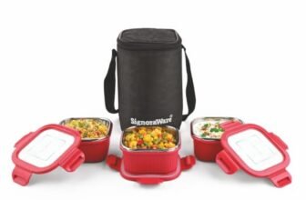 Signoraware Box Bite Steel Microsafe Square Lunch Box+Bag (400mlx3,Red)