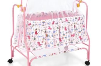 Amazon Brand – Supples Baby Cradle with Swing & Mosquito Net | 0–8 Months | Swing Lock | 4 Wheels with Brake | Soft & Comfortable for Baby Sleep | Sturdy Mild Steel Frame | Pink