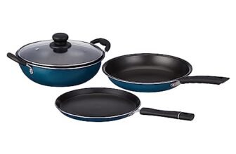 Amazon Brand – Solimo Aluminium – 3 Pcs Non Stick Cookware Sets, Tawa 25 Cm, Kadhai 24 Cm with Glass Lid, Fry Pan 24 Cm (Peacock Green)|Induction and Gas Stove Compatible
