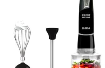 INALSA Hand Blender 1000 Watts with Chopper, Whisker| Variable Speed & Turbo Speed Function|100% Copper Motor|0.6Liter|Low Noise |Anti-Splash Technology|Home&kitchen|2 Year Warranty (Robot Inox 1000E)