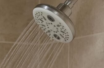Amazon Basics Shower Head for Bathroom | Round Multifunction 5-Spray Overhead Shower | Wall Mount Bathroom Shower with Pause Function, Chrome Finish, 4.5 Inches