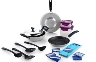 Crystal 11 Pcs Non Stick Cookware Set with Storage Containers | Gas Stove Friendly | Tawa, Fry Pan, Kadhai with Lid, 4 Serving Spoons, 2 Containers & Grater Set | PFOA Free Coating