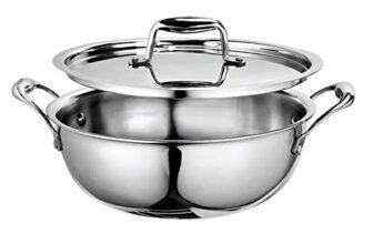 Signoraware Artista Triply Shallow Kadhai Stainless Steel Induction Compatible Triply with Steel Lid (Induction and Gas Compatible), 22cm, Capacity 2100ml, Silver