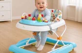 R for Rabbit Rock N Walk Baby Walker Cum Rocker for Babies 6 to 18 Months, Anti-Fall Design with Brake Pads, Adjustable Height, Foldable Walker with Musical Toy Bar, EN71 Certified (Light Blue)
