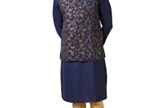 Manyavar Men’s Blended Viscose Self Design Full Sleeves Mandarin Collar Traditional Jacket Set (Blue,L)
